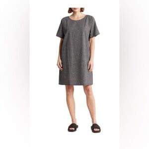 Eileen Fisher Black & Soft White Dolman Short Sleeve Hemp & Organic Cotton Dress